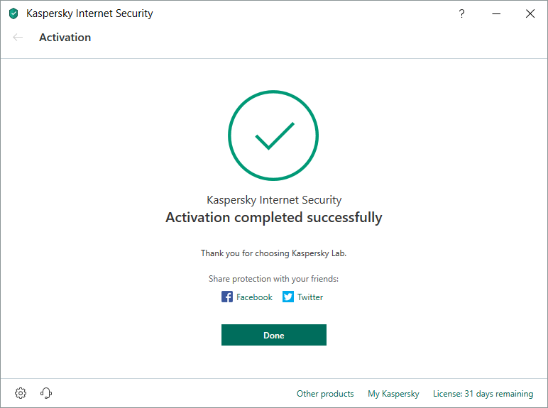Kaspersky Activation completed